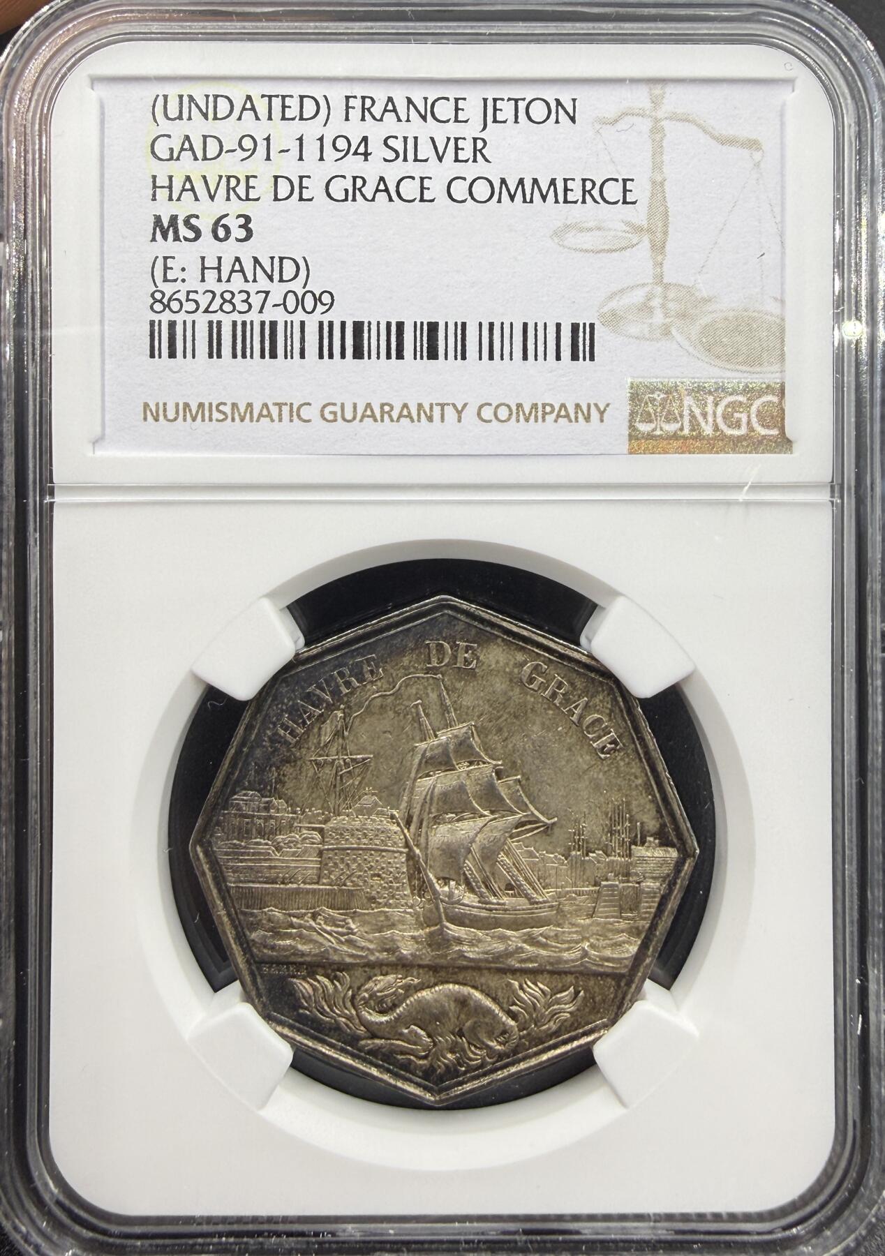 「木头集藏」章牌精品专场！ Barre～法国勒阿弗尔商会八角银章，MS 63 ，直径：32 mm， 边铭：手指 ARGENT （1845-1860年），难得好品！