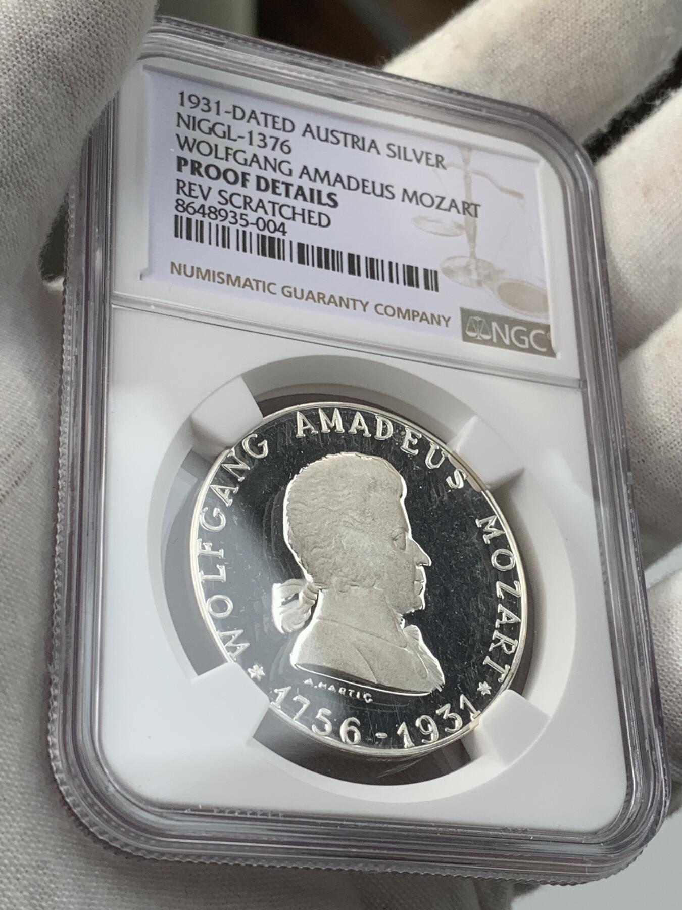 掌中浮雕-藏着的欧洲第050场 NGC PR :1931年奥地利莫扎特精致银章，35mm