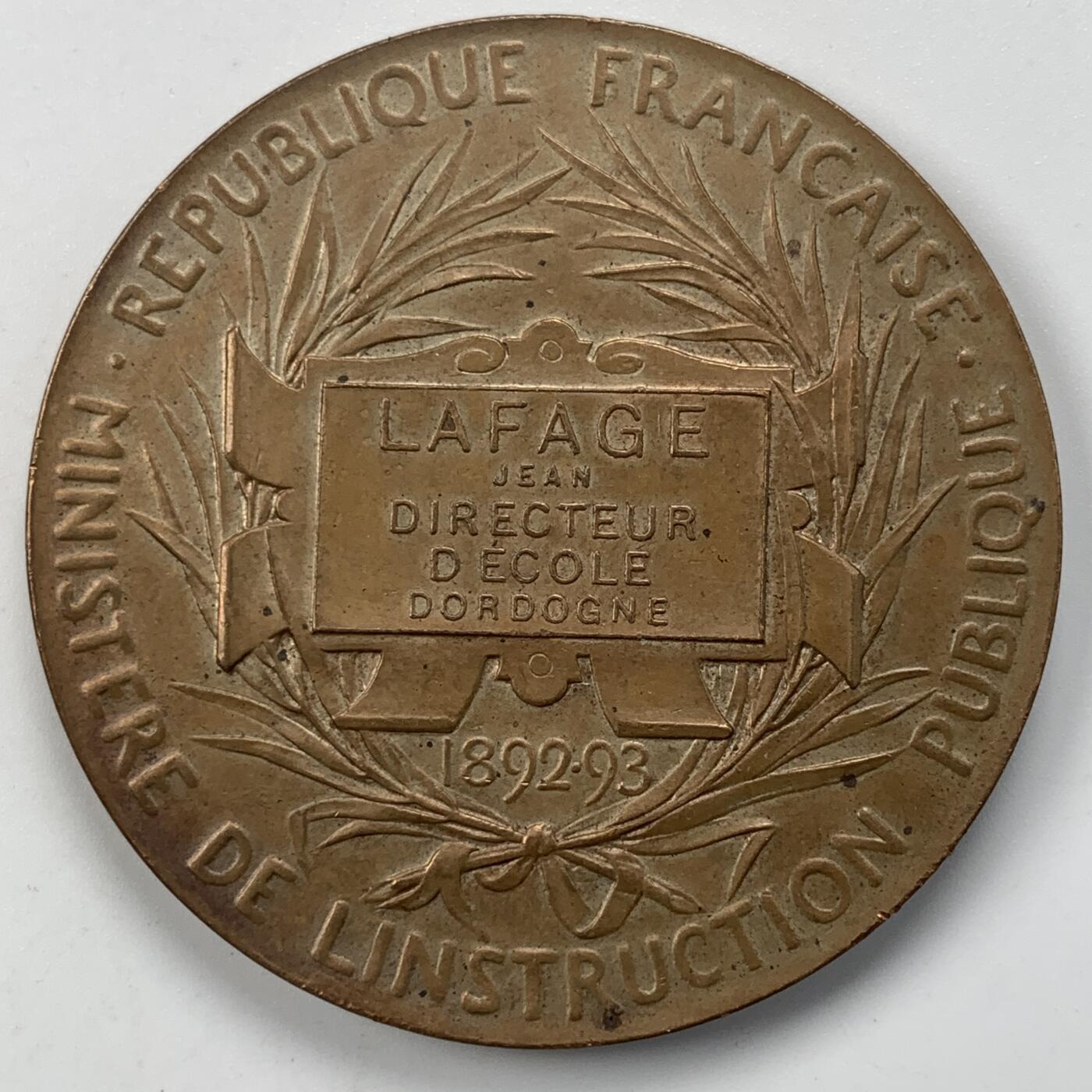 掌中浮雕-藏着的欧洲第050场 法国教育部小学教育铜章，50.4mm，章牌大师奥斯卡.罗蒂Oscar Roty（1846-1911）作品