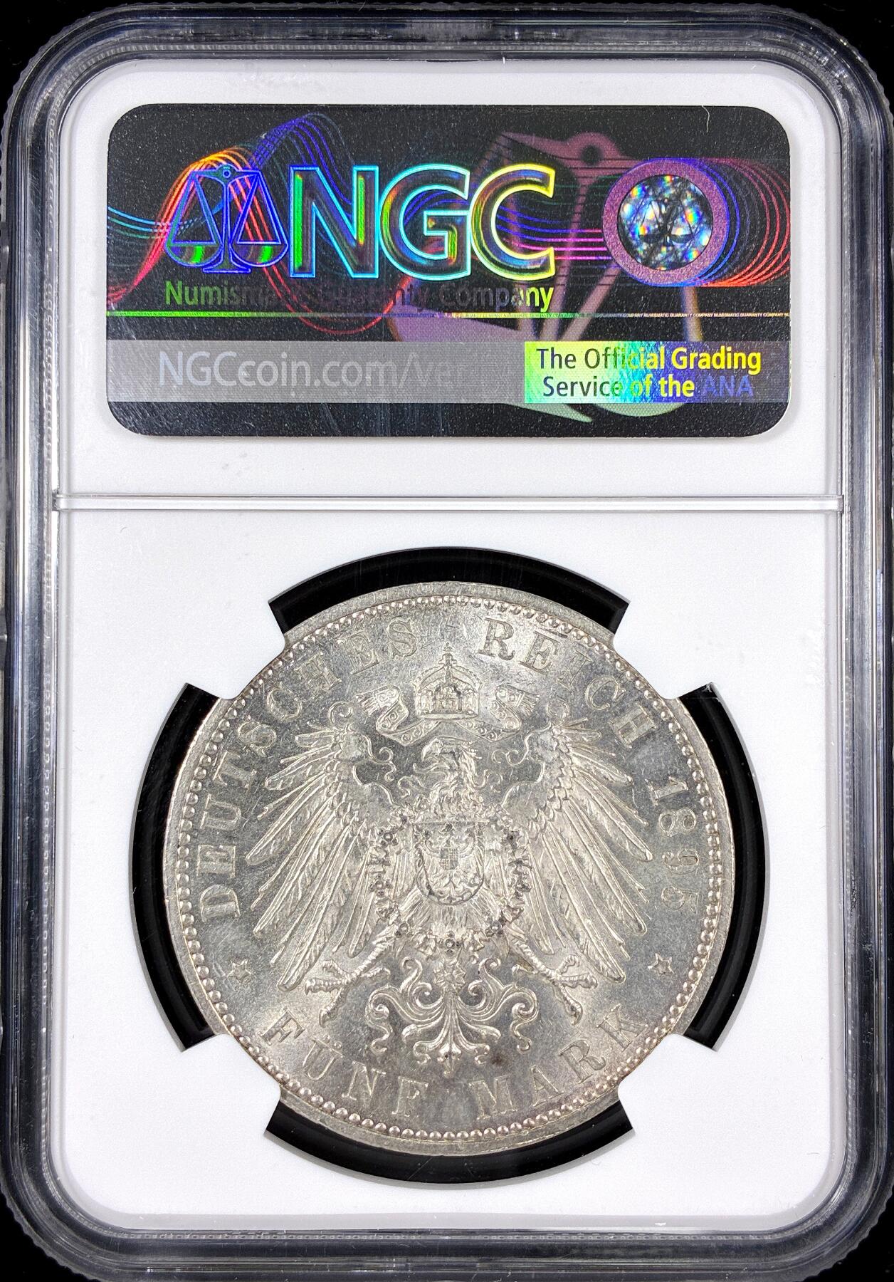 【雨安】【直播拍卖】【第0126期-评级币章】2026-01-24 周六 19:30 [评级德国] Germany 德国 帝国 J.125 萨克森 5马克 (1891-1902) 阿尔伯特 1895年  NGC-MS61 原色银光 严评 早年份好年份流通版 MS极其难得