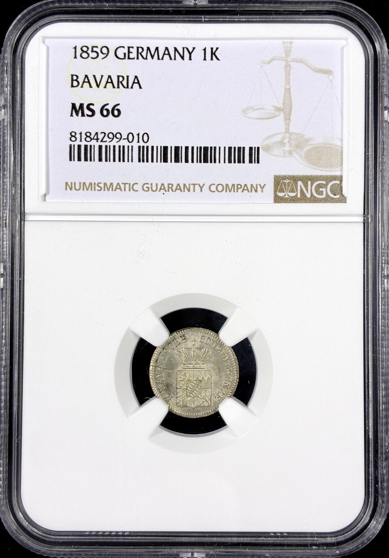 【雨安】【直播拍卖】【第0126期-评级币章】2026-01-24 周六 19:30 [评级德国] Germany 德国 德意志 巴伐利亚 1克鲁泽 1859年  NGC-MS66 顶级粉光