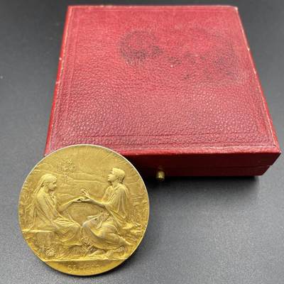 「木头集藏」章牌精品专场！ - O.Roty～1900年法国“SEMPER”永恒的爱 婚礼40周年纪念银章 直径：41 mm，31 g  边铭：丰饶角 ARGENT  名家经典，很少见镀金版本，品相不错，精致皮盒正常使用。