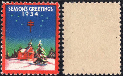 洪涛臻品批发群 精选邮票限时拍卖第1235期  - 美国圣诞节封缄票1934年 圣诞树与房子与防痨标志  原胶好品! 少见的防痨病题材封缄票!