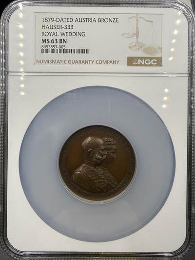 「木头集藏」章牌精品专场！ - 1879年奥地利 弗朗茨皇帝银婚 纪念铜章，MS63 ，Anton Scharff和J. Tautenhayn联袂作品，50mm，品相很好。纪念弗朗茨皇帝和伊丽莎白皇后（就是大名鼎鼎的茜茜公主）结婚25周年。