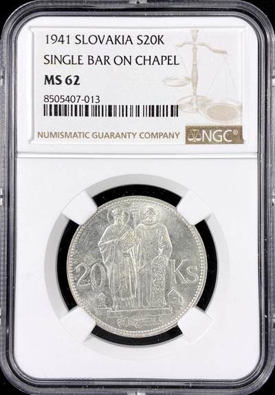【雨安】【直播拍卖】【第0126期-评级币章】2026-01-24 周六 19:30 - [评级欧洲] Slovakia 斯洛伐克 20克朗 1941年  NGC-MS62