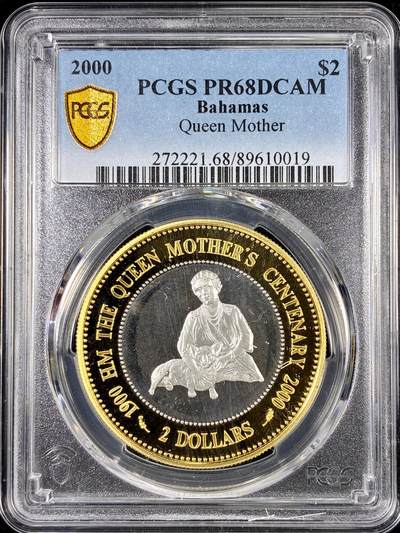【雨安】【直播拍卖】【第0126期-评级币章】2026-01-24 周六 19:30 - [评级现代] Bahamas 巴哈马 2元 2000年 王太后 PCGS-PR68DCAM 精制币