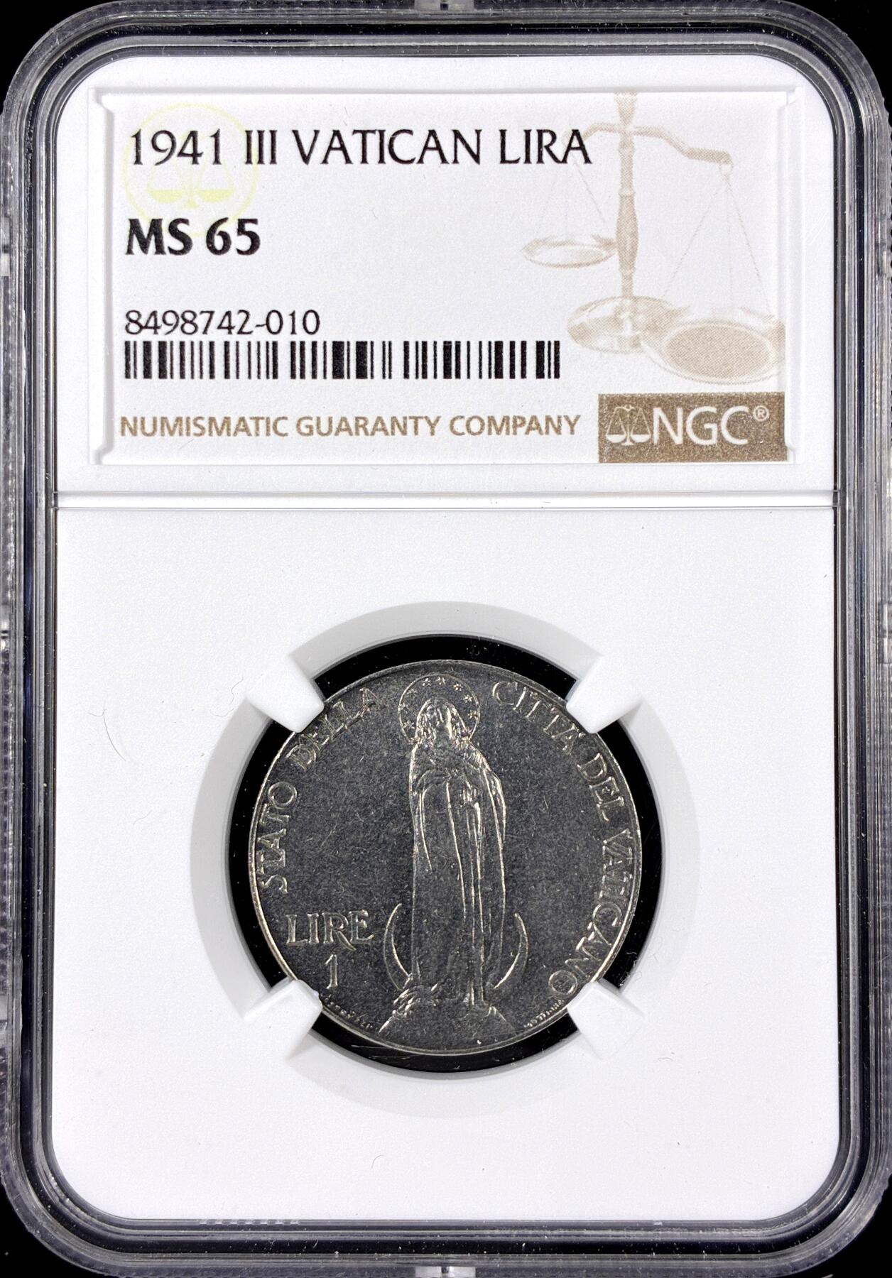 【雨安】【直播拍卖】【第0126期-评级币章】2026-01-24 周六 19:30 [评级欧洲] Vatican 梵蒂冈 1里拉 1941年  NGC-MS65