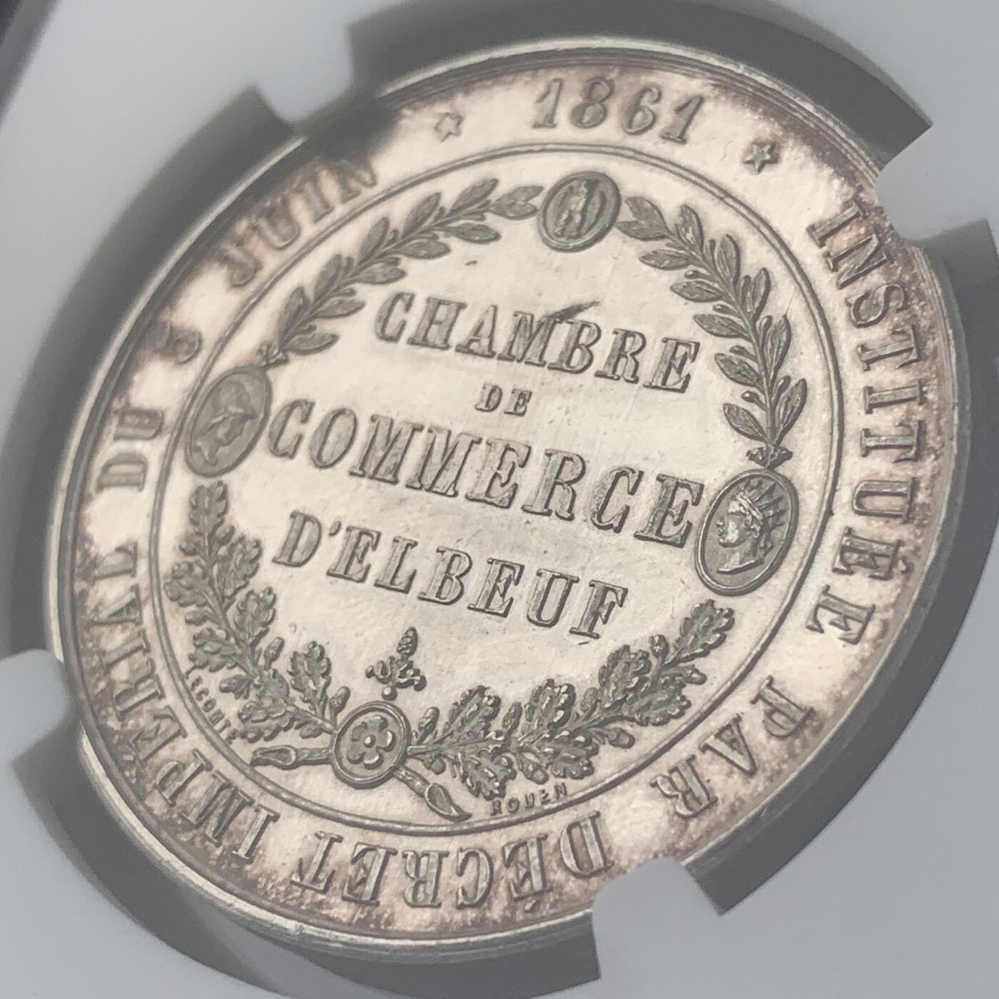 掌中浮雕-藏着的欧洲第050场 NGC MS64 ：1861年法国埃尔伯夫商会银章，33mm