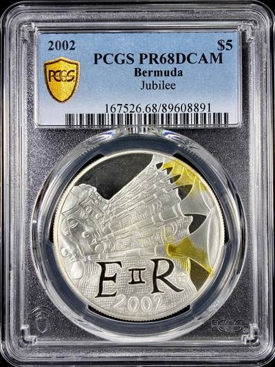【雨安】【直播拍卖】【第0126期-评级币章】2026-01-24 周六 19:30 - [评级现代] Bermuda 百慕大 5元 2002年 伊丽莎白二世登基50周年 PCGS-PR68DCAM 精制币