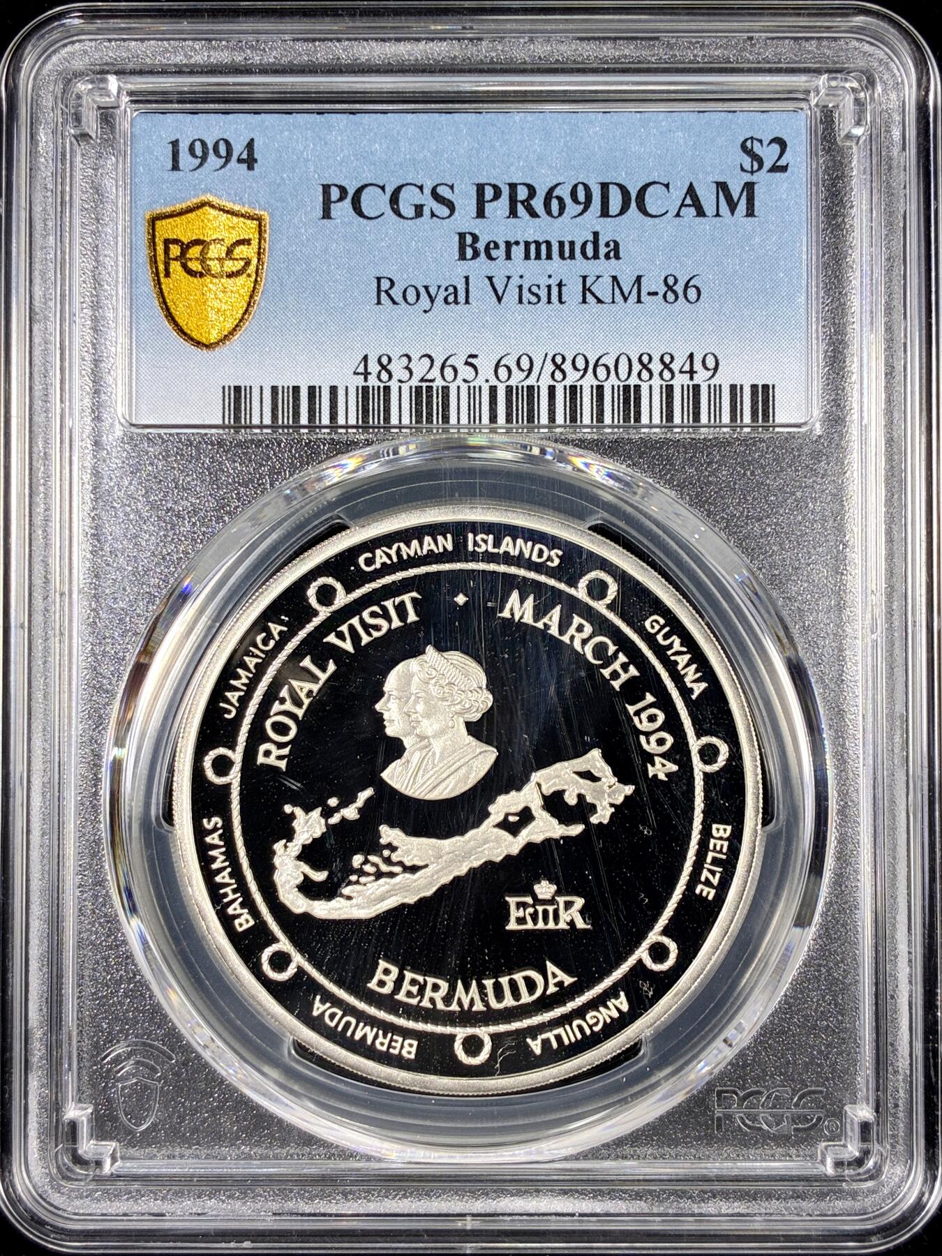 【雨安】【直播拍卖】【第0126期-评级币章】2026-01-24 周六 19:30 [评级现代] Bermuda 百慕大 2元 1994年 皇家访问 PCGS-PR69DCAM 精制币