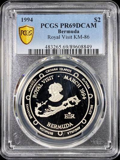 【雨安】【直播拍卖】【第0126期-评级币章】2026-01-24 周六 19:30 - [评级现代] Bermuda 百慕大 2元 1994年 皇家访问 PCGS-PR69DCAM 精制币