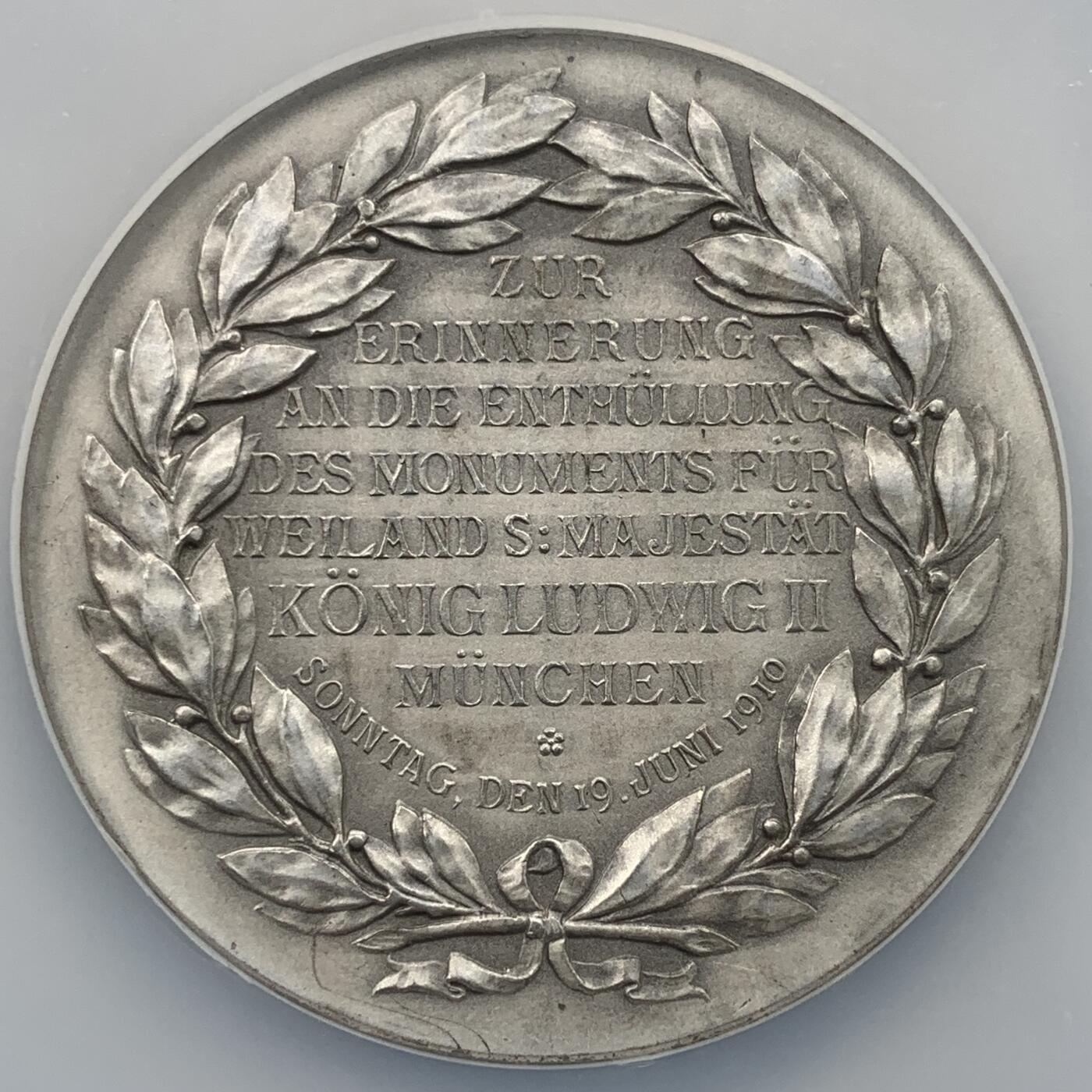 掌中浮雕-藏着的欧洲第050场 NGC MS65 :  1910年巴伐利亚国王路德维希二世纪念碑镀银铜章，50mm