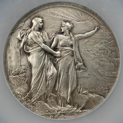 掌中浮雕-藏着的欧洲第050场 - NGC MS61 : 1872年法国科学促进协会镀银铜章，68mm, 章牌大师奥斯卡.罗蒂Oscar Roty（1846-1911）作品