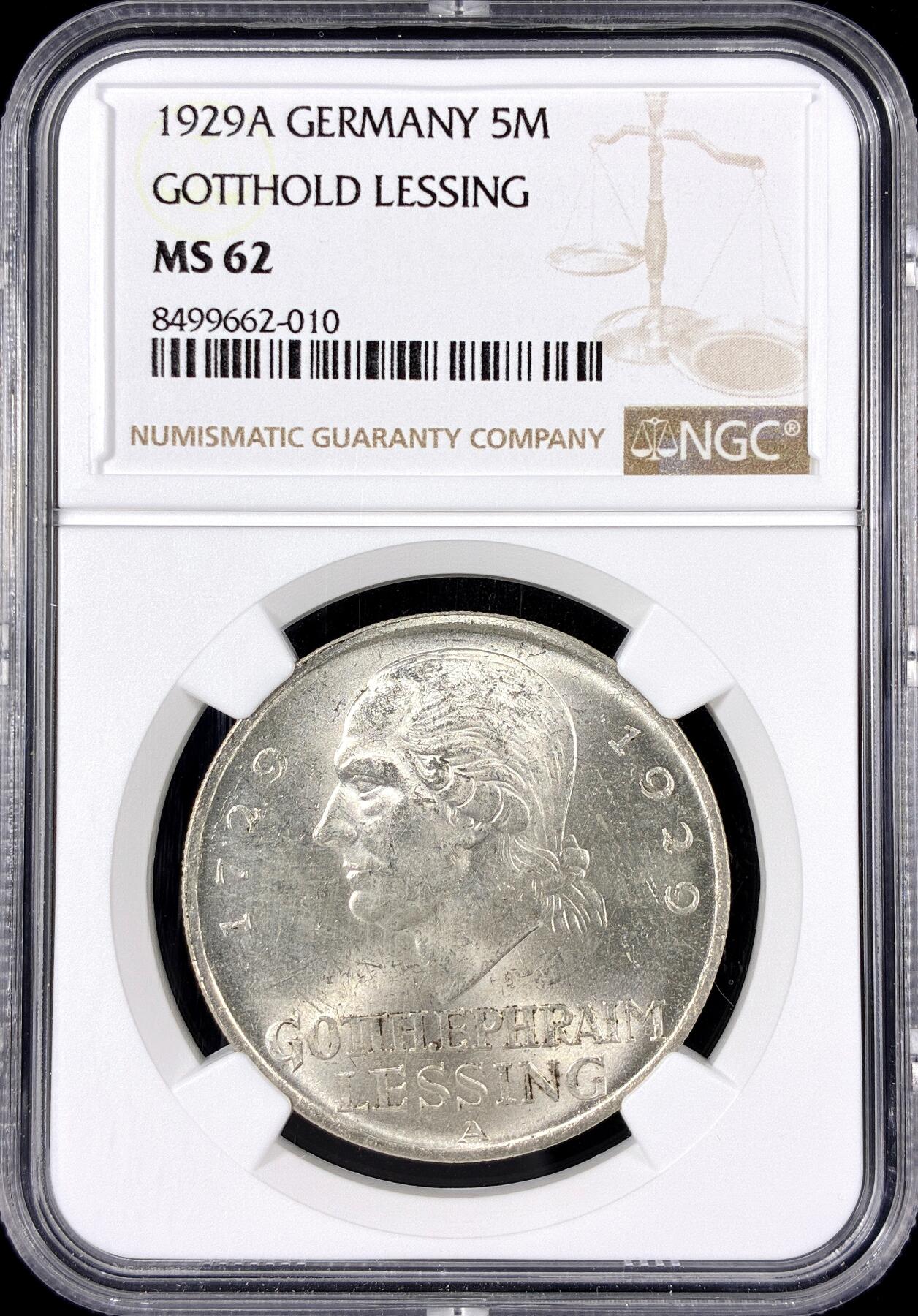 【雨安】【直播拍卖】【第0126期-评级币章】2026-01-24 周六 19:30 [评级德国] Germany 德国 魏玛 5马克 KM#61 莱辛 1929年  NGC-MS62