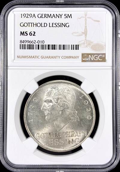 【雨安】【直播拍卖】【第0126期-评级币章】2026-01-24 周六 19:30 - [评级德国] Germany 德国 魏玛 5马克 KM#61 莱辛 1929年  NGC-MS62