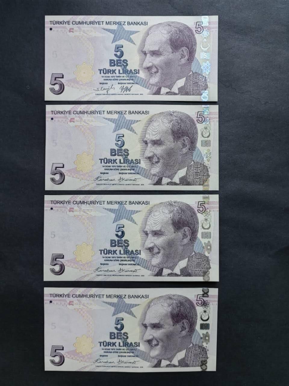 外国纸币专场260124场 土耳其🇹🇷5里拉4枚，靓号码无4.7含三枚豹子号，有二款签名。全新品相UNC