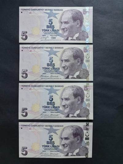 外国纸币专场260124场 - 土耳其🇹🇷5里拉4枚，靓号码无4.7含三枚豹子号，有二款签名。全新品相UNC