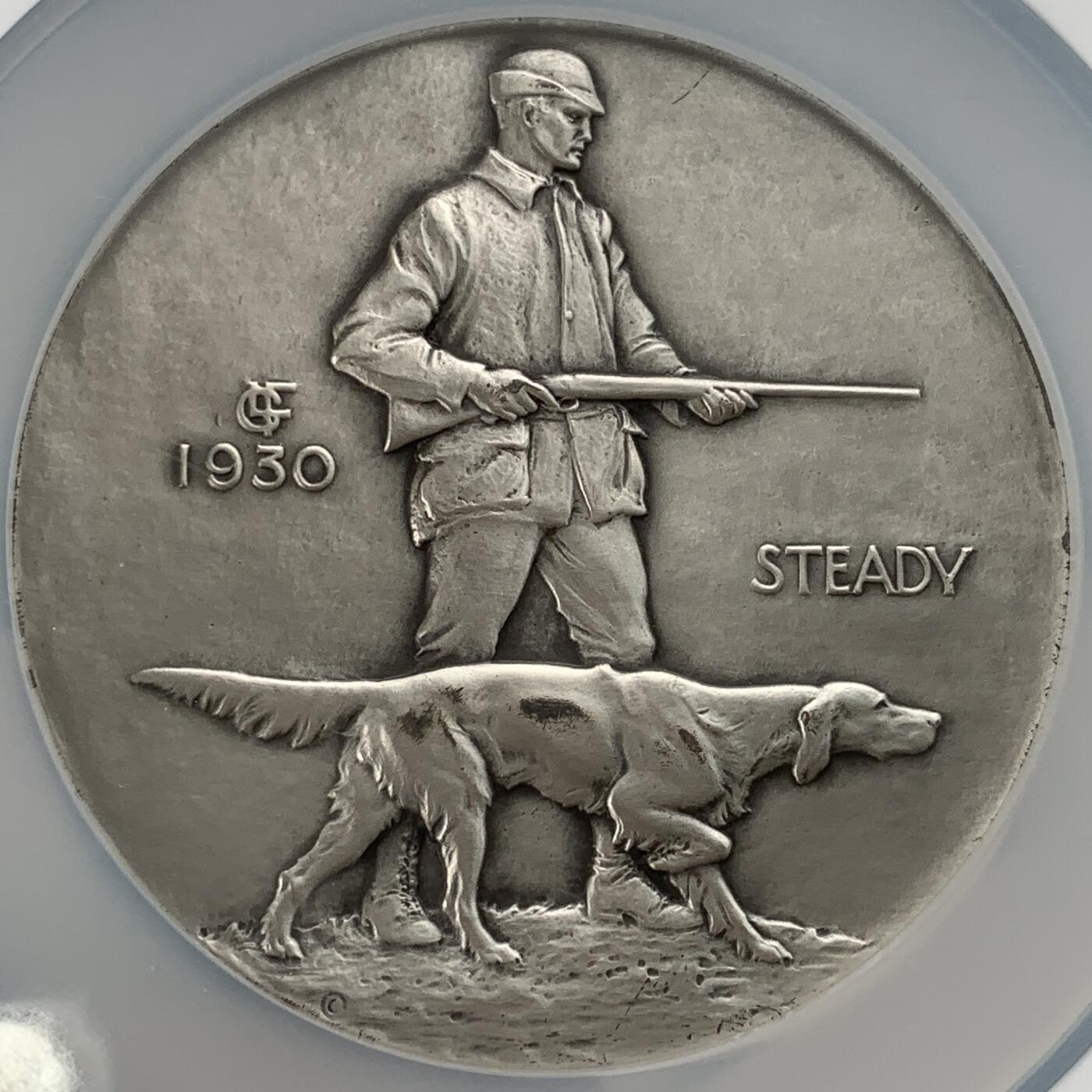 掌中浮雕-藏着的欧洲第050场 NGC MS64 : 1930年美国章牌协会#001号银章——猎人与狗  , 72mm，裸章重190g， 雕刻师：Laura Gardin Fraser ，正面：Hunter and dog 猎人与狗， 反面：Ruffed grouse 环羽松鸡 ，银章仅发行125枚
