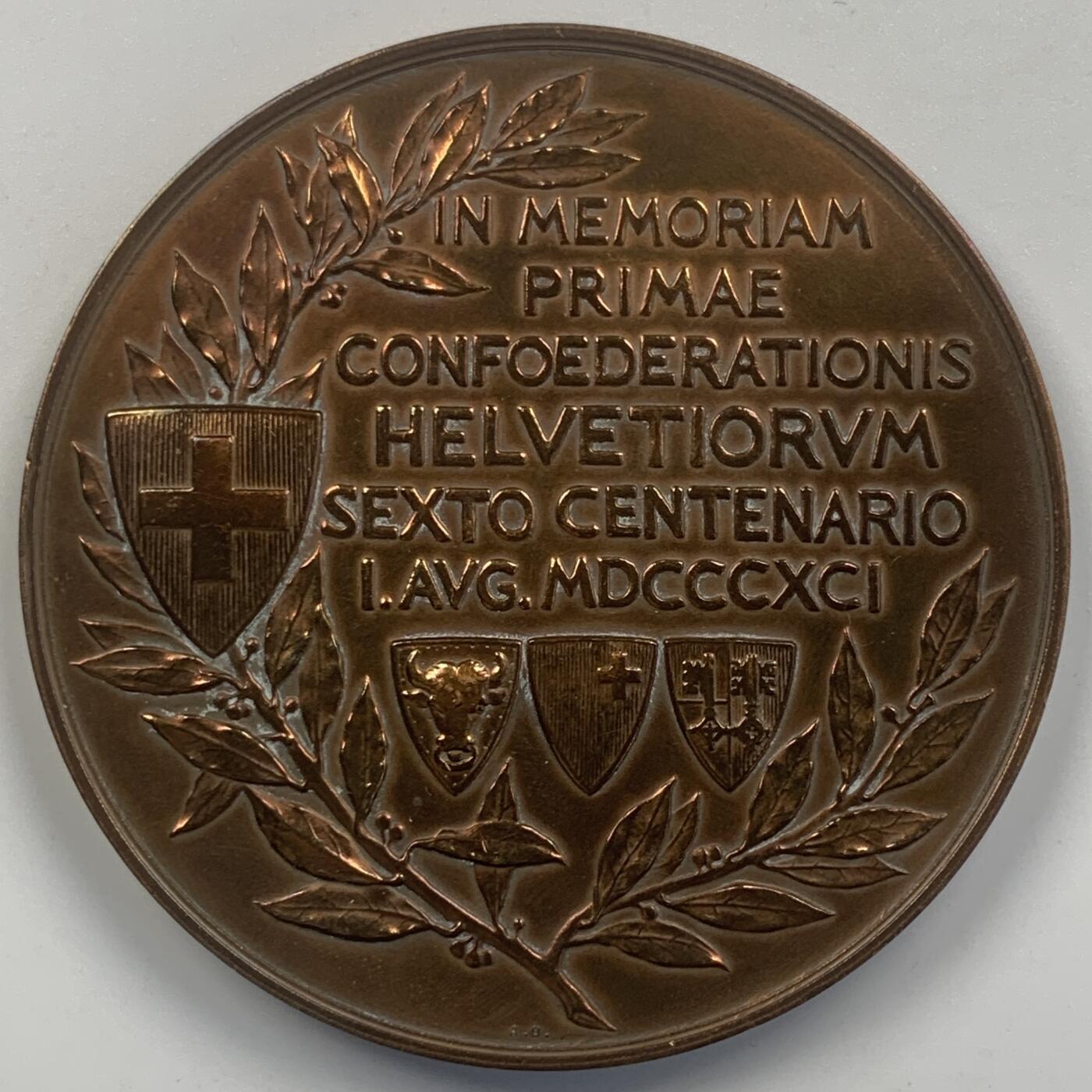 掌中浮雕-藏着的欧洲第050场 1891年瑞士联邦600周年纪念大铜章 ，69mm，A.Dubois作品，原盒变形有破损如图