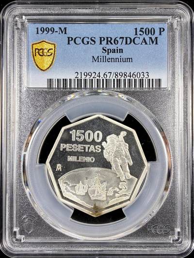【雨安】【直播拍卖】【第0126期-评级币章】2026-01-24 周六 19:30 - [评级现代] Spain 西班牙 1500比塞塔 1999年 千禧年 [20.00克,  0.925银] PCGS-PR67DCAM 精制币