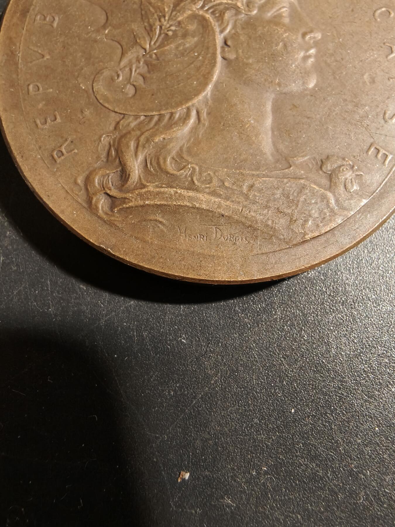 老王徽章第178期 法国土伦113步兵团混合射击竞赛大铜章    戎装玛丽安娜   大师亨利杜布瓦作品     直径46mm    重量49g