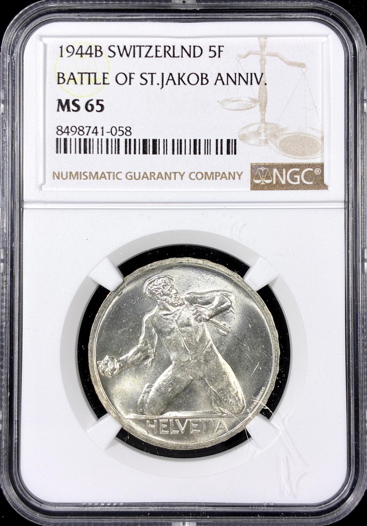 【雨安】【直播拍卖】【第0126期-评级币章】2026-01-24 周六 19:30 [评级欧洲] Switzerland 瑞士 5法郎 1944年 圣雅各布比尔斯战役 KM# 45  NGC-MS65