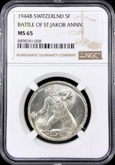 【雨安】【直播拍卖】【第0126期-评级币章】2026-01-24 周六 19:30 - [评级欧洲] Switzerland 瑞士 5法郎 1944年 圣雅各布比尔斯战役 KM# 45  NGC-MS65