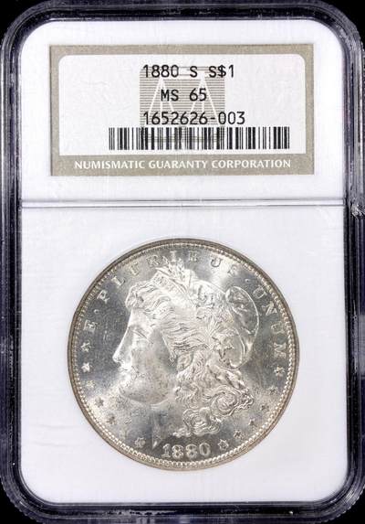 【雨安】【直播拍卖】【第0126期-评级币章】2026-01-24 周六 19:30 - [评级美洲] USA 美国 1美元 (1878-1921) 摩根 1880年S  NGC-MS65 原色凝霜银光 严评老盒子