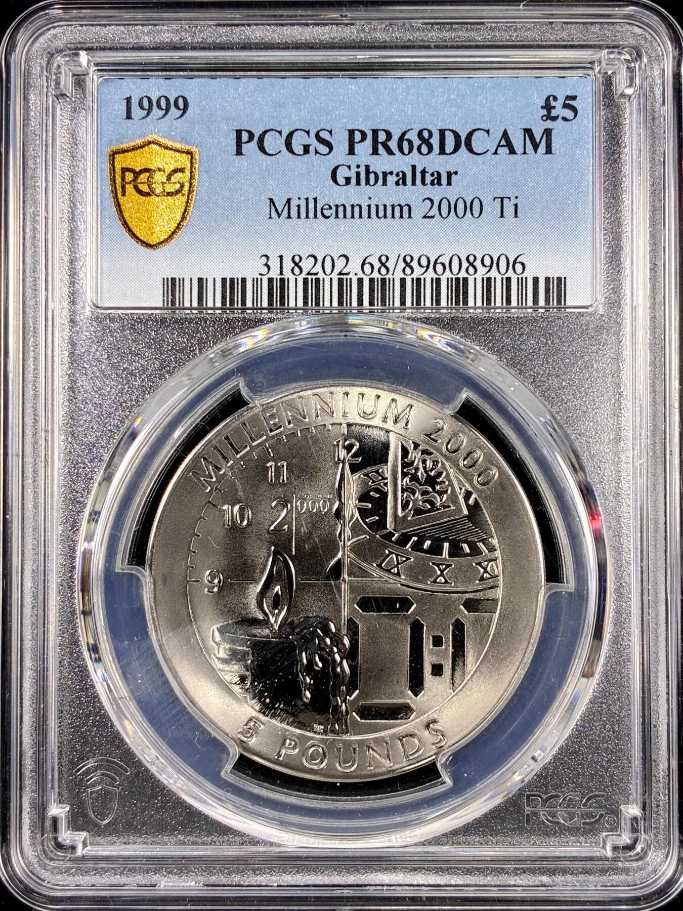 【雨安】【直播拍卖】【第0126期-评级币章】2026-01-24 周六 19:30 [评级现代] Gibraltar 直布罗陀 5镑 1999年 千禧年 PCGS-PR68DCAM 精制币