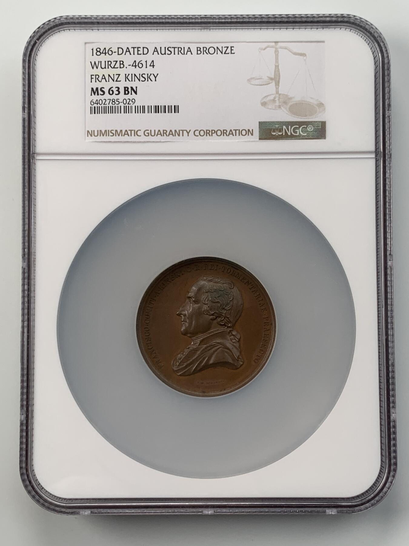 掌中浮雕-藏着的欧洲第050场 NGC MS63：1846年奥地利FRANZ KINSKY伯爵纪念铜章，48mm