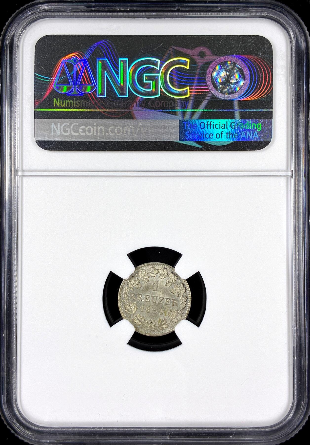 【雨安】【直播拍卖】【第0126期-评级币章】2026-01-24 周六 19:30 [评级德国] Germany 德国 德意志 巴伐利亚 1克鲁泽 1859年  NGC-MS66 顶级粉光