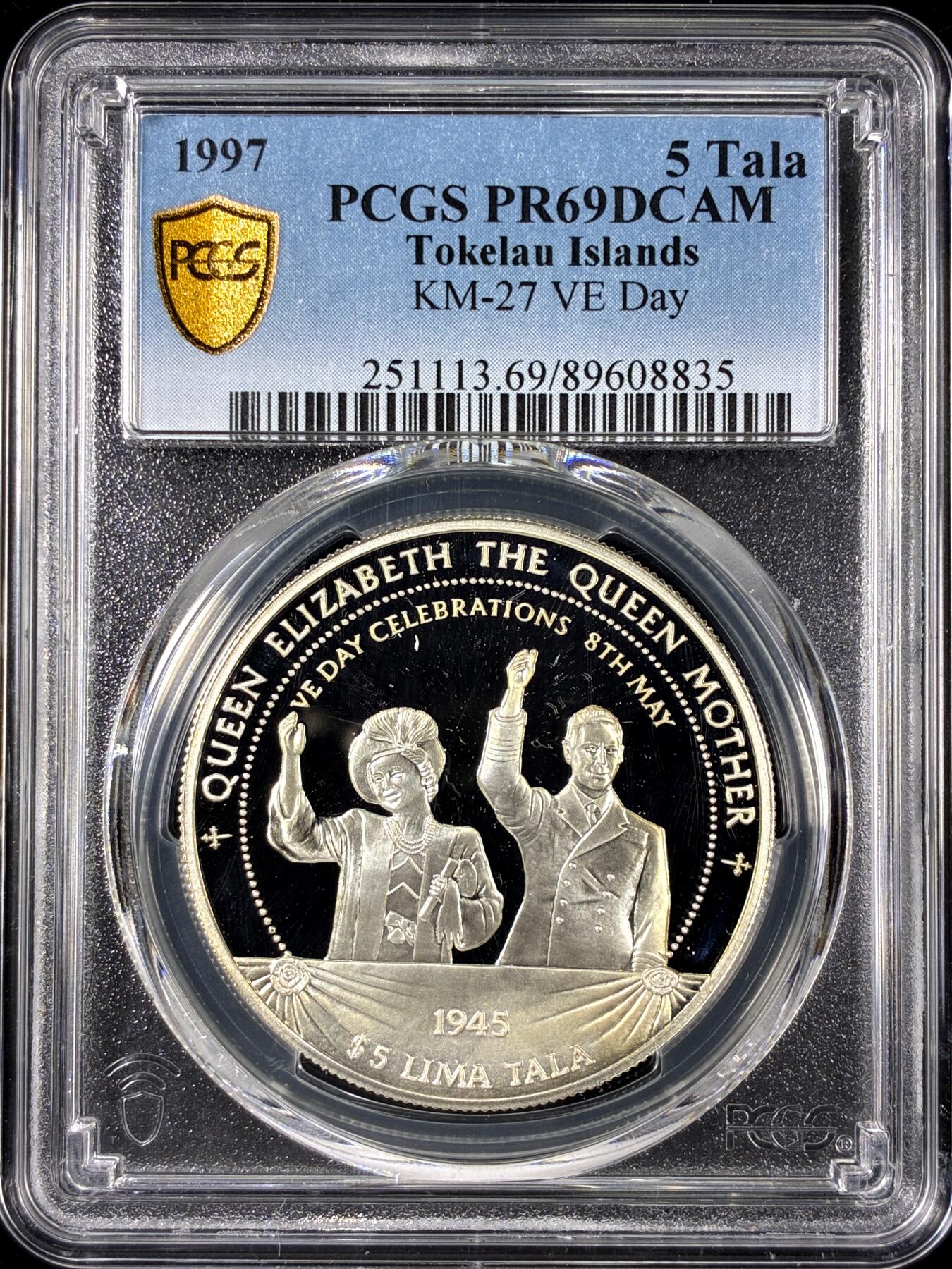 【雨安】【直播拍卖】【第0126期-评级币章】2026-01-24 周六 19:30 [评级现代] Tokelau Islands 托克劳群岛 5Tala 1997年 VE Day PCGS-PR69DCAM 精制币