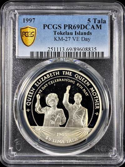 【雨安】【直播拍卖】【第0126期-评级币章】2026-01-24 周六 19:30 - [评级现代] Tokelau Islands 托克劳群岛 5Tala 1997年 VE Day PCGS-PR69DCAM 精制币