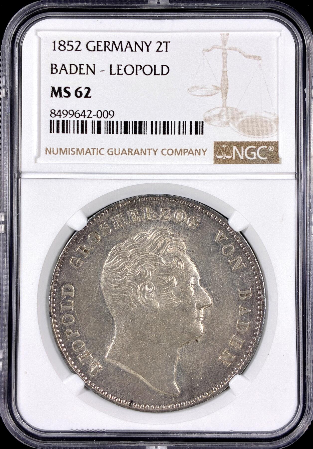 【雨安】【直播拍卖】【第0126期-评级币章】2026-01-24 周六 19:30 [评级德国] Germany 德国 德意志 2泰勒 Baden巴登 Thun.026 KM#0220 (1845-1852) 1852年  NGC-MS62