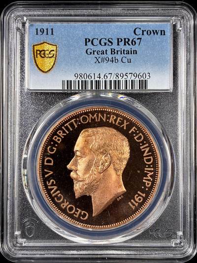 【雨安】【直播拍卖】【第0126期-评级币章】2026-01-24 周六 19:30 - [评级欧洲] Great Britain 英国 1克朗 1911年 乔治五世 X#94b 精制 PCGS-PR67 精制币