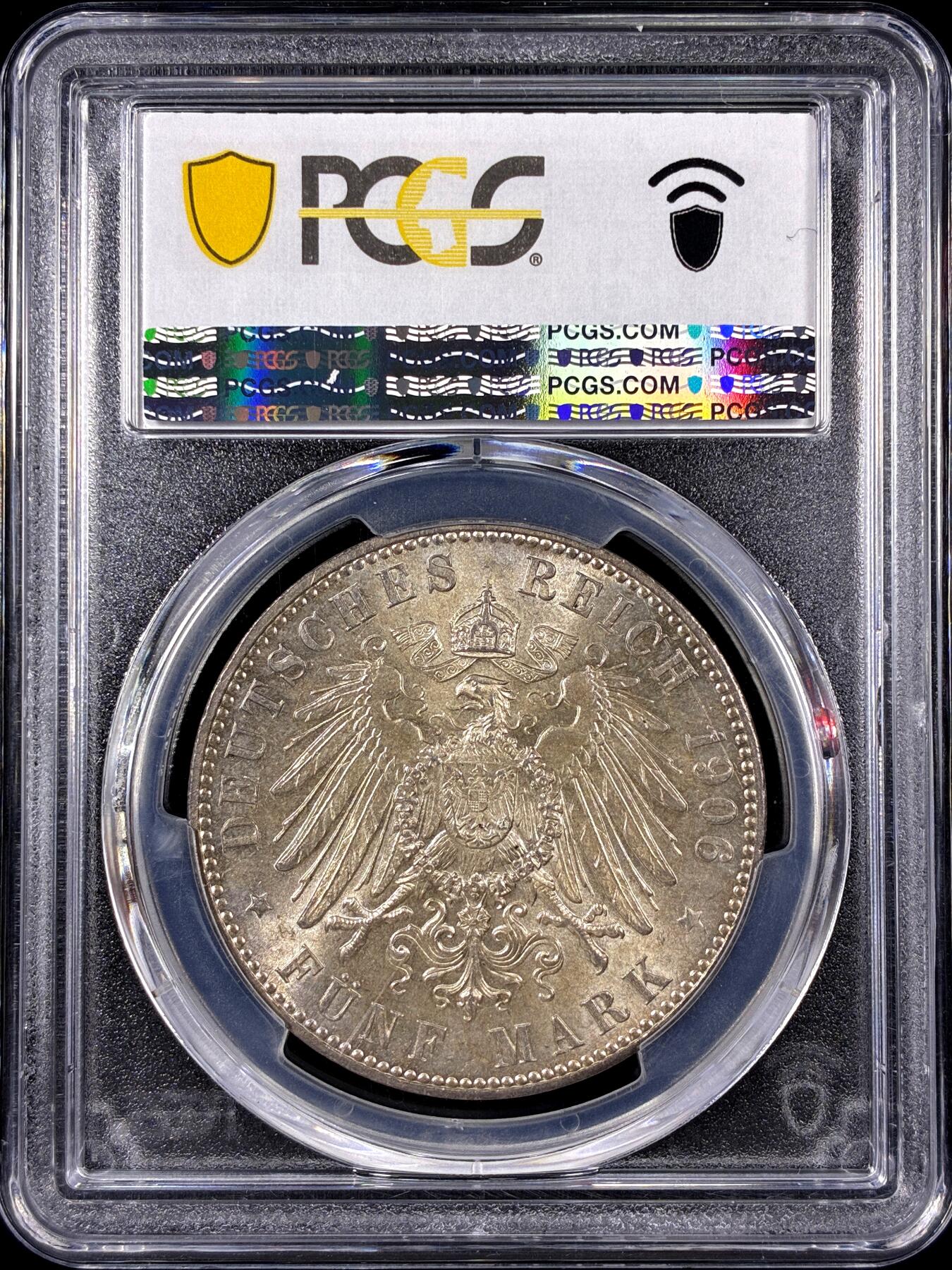 【雨安】【直播拍卖】【第0126期-评级币章】2026-01-24 周六 19:30 [评级德国] Germany 德国 帝国 J.060 不莱梅 5马克 (1906) 1906年  PCGS-MS66 顶级粉光, 底板无暇