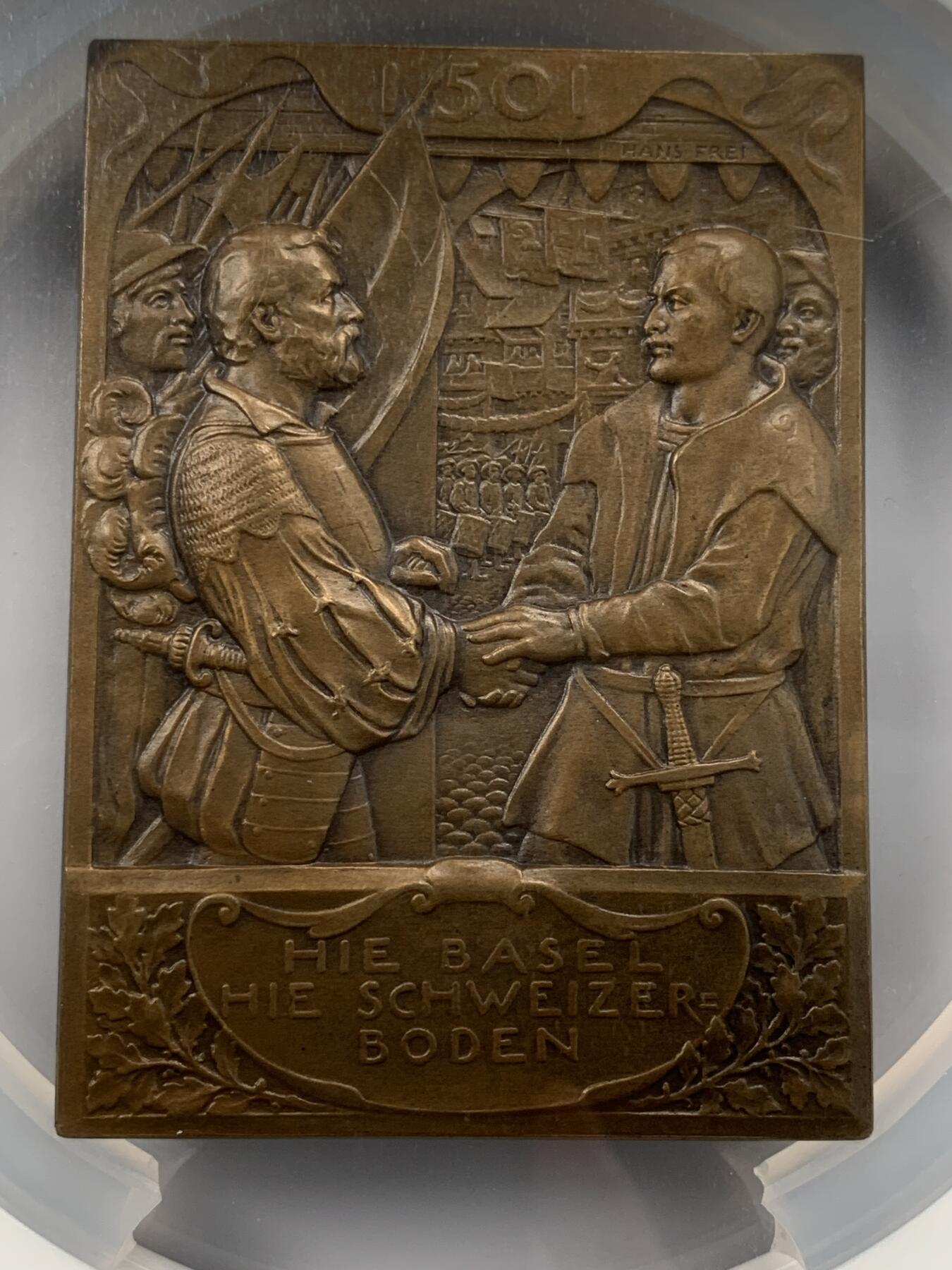 掌中浮雕-藏着的欧洲第050场 NGC MS65 : 1901年瑞士巴塞尔加入瑞士联邦400周年纪念矩形大铜章，58mm*80mm