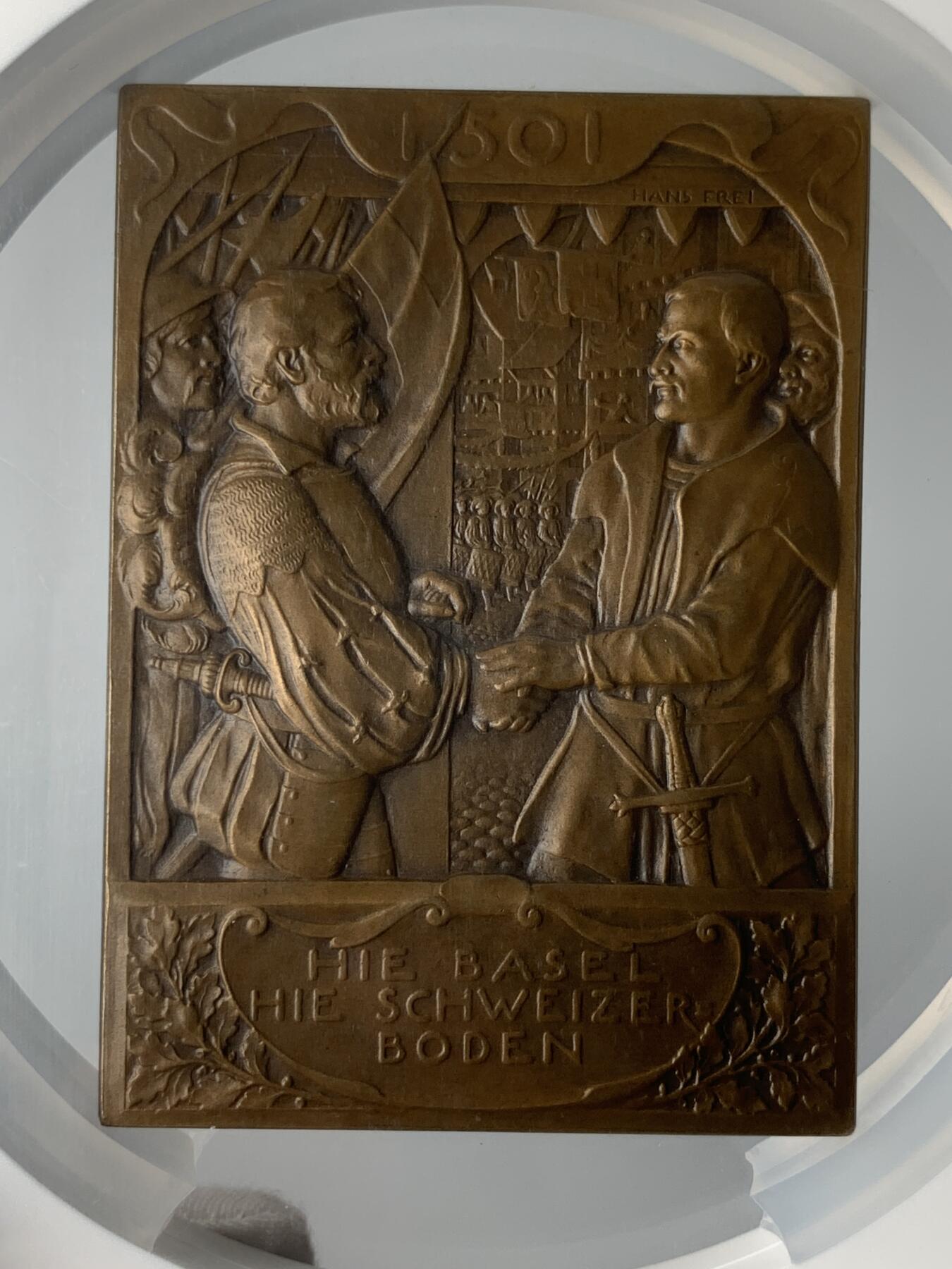 掌中浮雕-藏着的欧洲第050场 NGC MS65 : 1901年瑞士巴塞尔加入瑞士联邦400周年纪念矩形大铜章，58mm*80mm