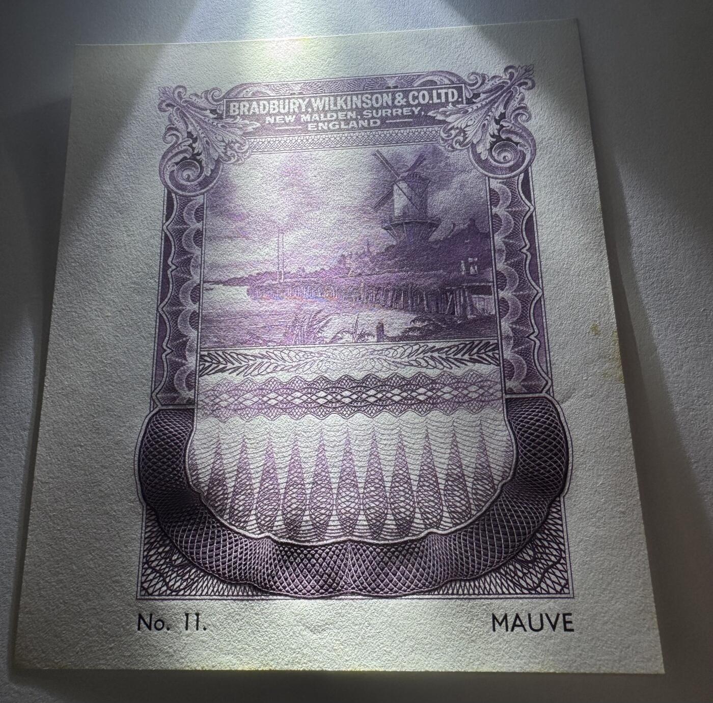 2026第2场（总第229期）：精品测试钞、连体钞综合场 NO.11淡紫色 布拉德伯里威尔金森“英格兰.苏里埃.新马尔登风景雕刻～风车”单面凹印测试UNC（有黄斑）