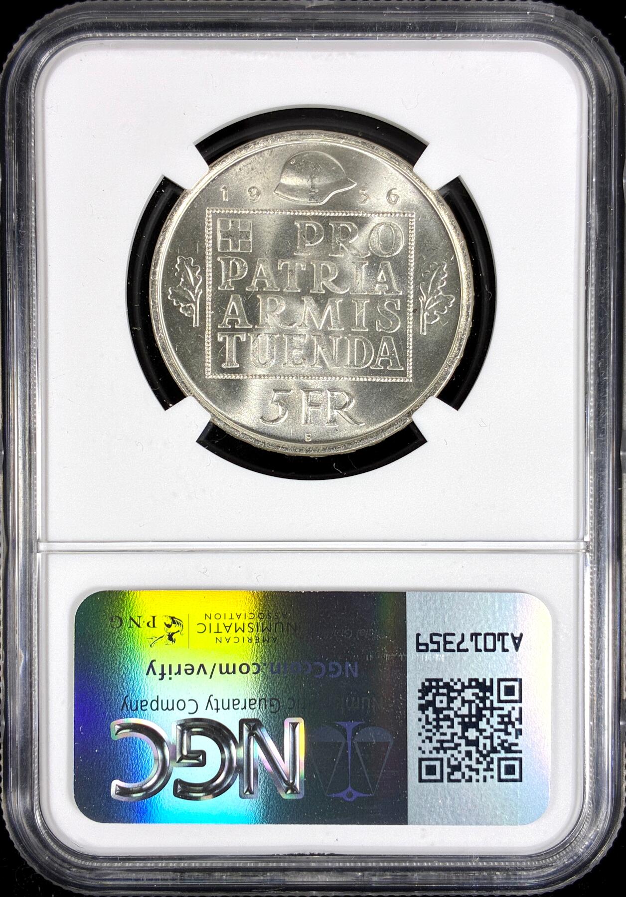 【雨安】【直播拍卖】【第0126期-评级币章】2026-01-24 周六 19:30 [评级欧洲] Switzerland 瑞士 5法郎 1936年 军备基金 KM# 41  NGC-MS62