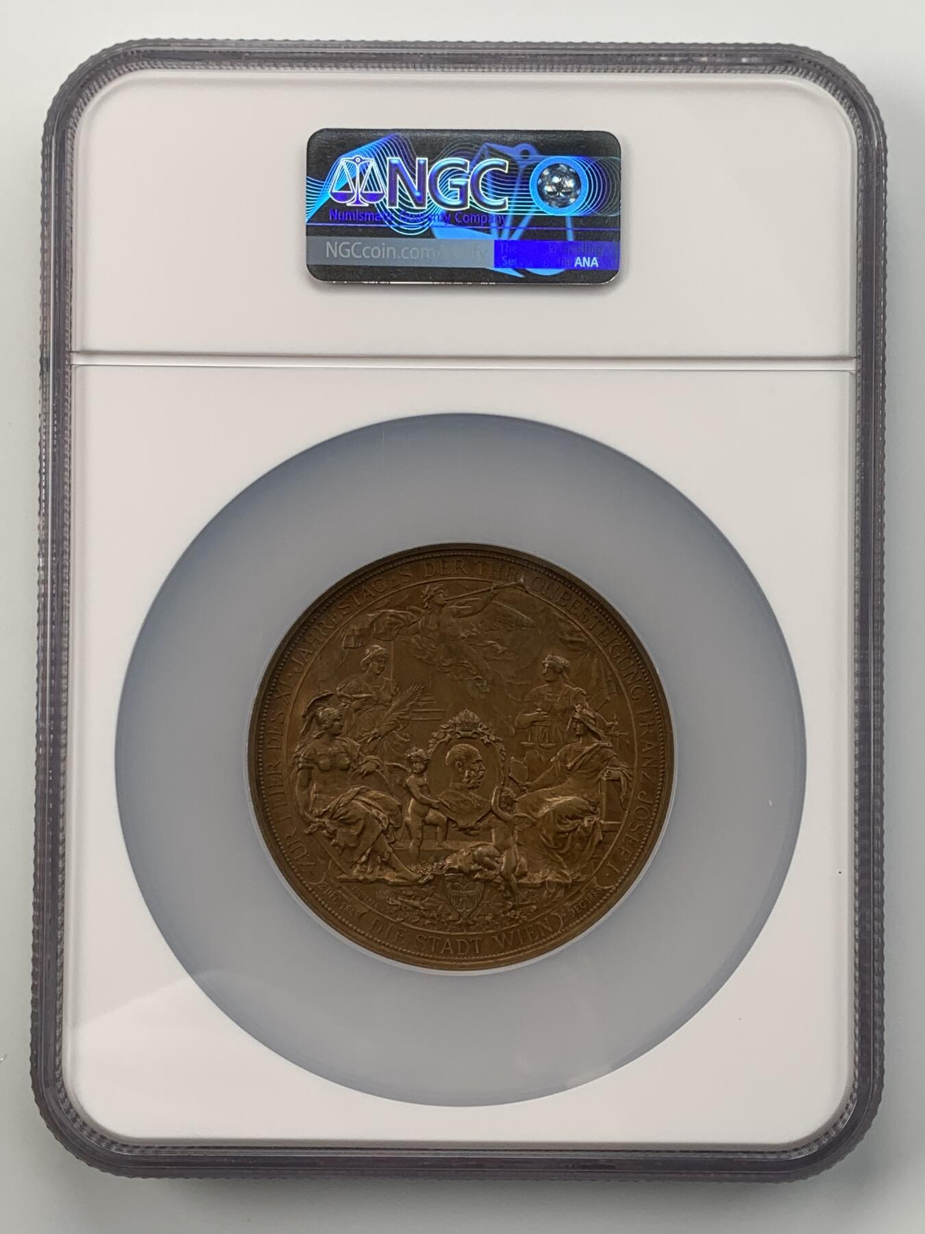 掌中浮雕-藏着的欧洲第050场  NGC MS63 ：1888年弗朗西斯·约瑟夫一世统治40周年铜章，J.Tautenhayn和A.Scharff雕刻，62mm