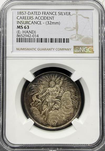 「木头集藏」章牌精品专场！ - 1857年法国职业保险银章，MS 63，直径：32 mm，边铭：手指 ARGENT （1845-1860）彩色氧化很美，难得好品，少见银章。