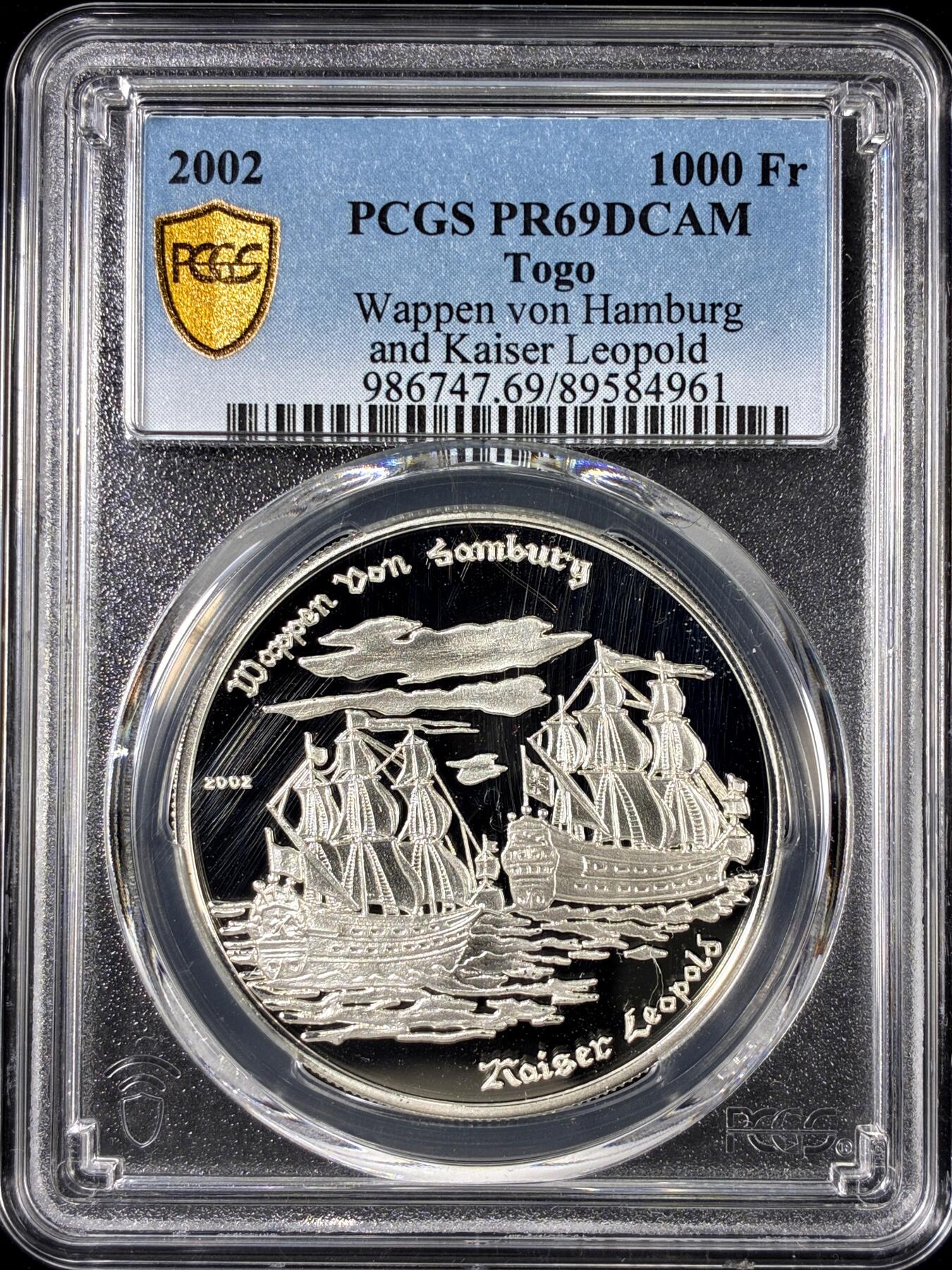 【雨安】【直播拍卖】【第0126期-评级币章】2026-01-24 周六 19:30 [评级现代] Togo 多哥 1000法郎 2002年 帆船 PCGS-PR69DCAM 精制币