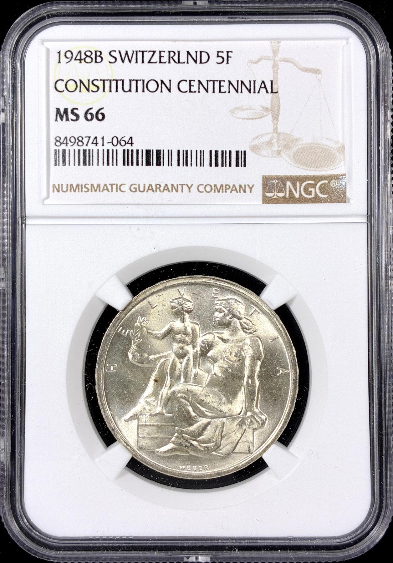 【雨安】【直播拍卖】【第0126期-评级币章】2026-01-24 周六 19:30 [评级欧洲] Switzerland 瑞士 5法郎 1948年 瑞士宪法百年 KM#48  NGC-MS66