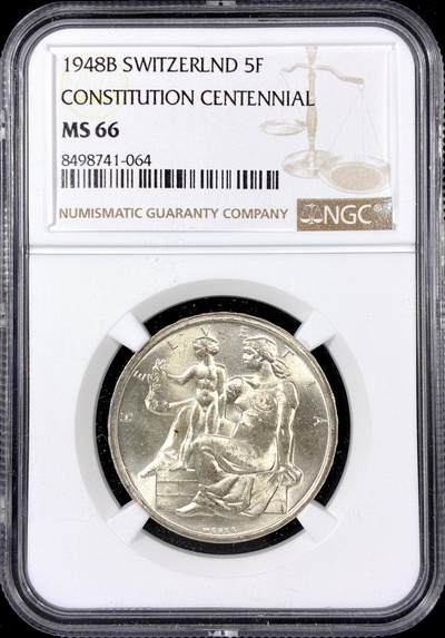 【雨安】【直播拍卖】【第0126期-评级币章】2026-01-24 周六 19:30 - [评级欧洲] Switzerland 瑞士 5法郎 1948年 瑞士宪法百年 KM#48  NGC-MS66