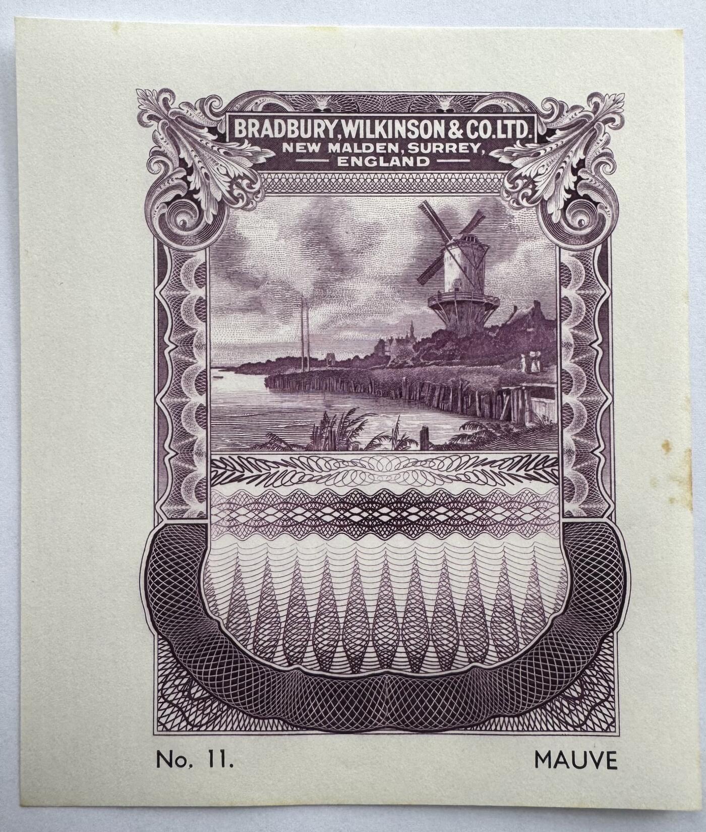 2026第2场（总第229期）：精品测试钞、连体钞综合场 NO.11淡紫色 布拉德伯里威尔金森“英格兰.苏里埃.新马尔登风景雕刻～风车”单面凹印测试UNC（有黄斑）