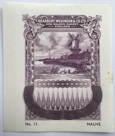 2026第2场（总第229期）：精品测试钞、连体钞综合场 - NO.11淡紫色 布拉德伯里威尔金森“英格兰.苏里埃.新马尔登风景雕刻～风车”单面凹印测试UNC（有黄斑）