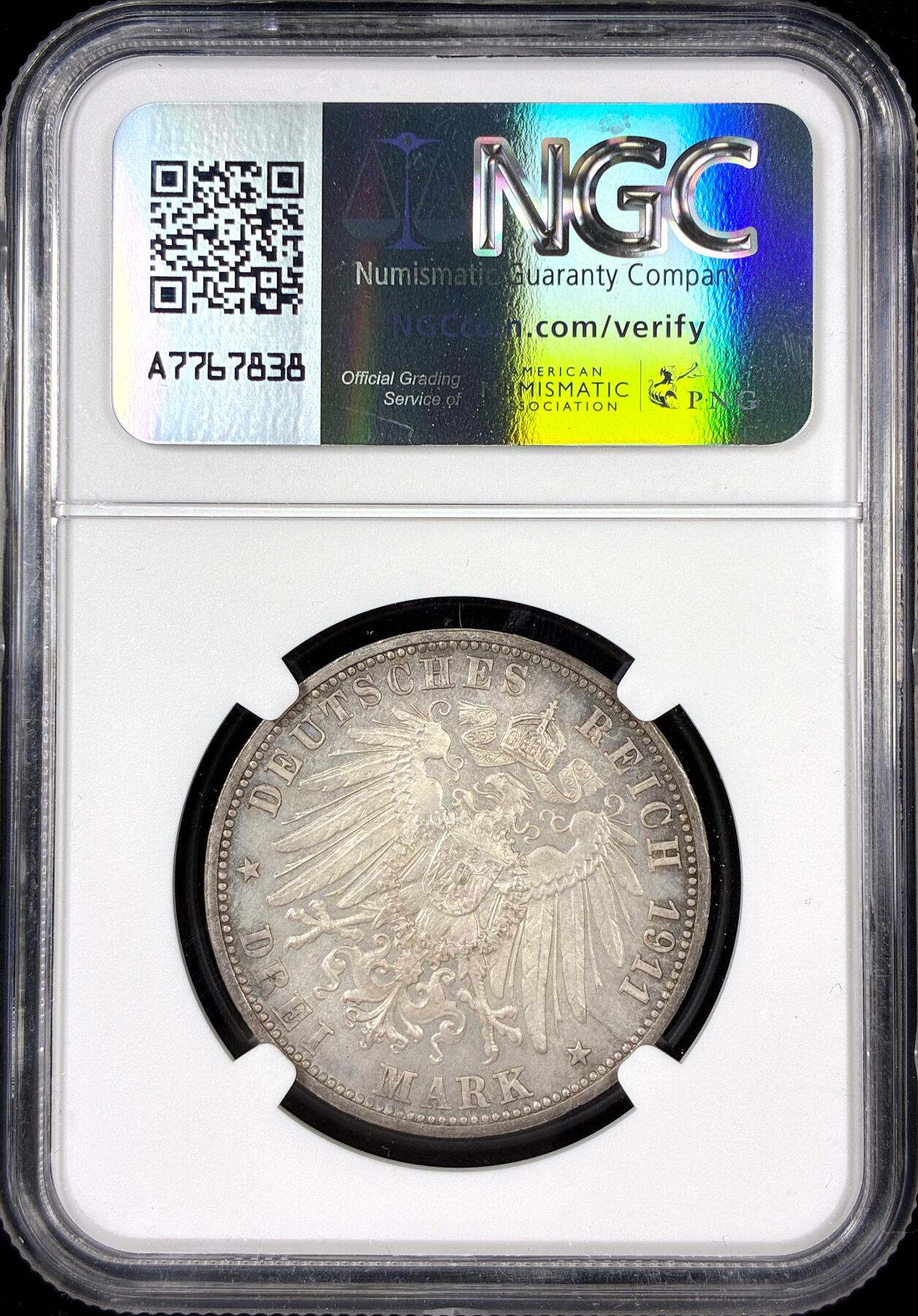 【雨安】【直播拍卖】【第0126期-评级币章】2026-01-24 周六 19:30 [评级欧洲] Germany 德国 帝国 符腾堡 3马克 (1911) 金婚 1911年  NGC-MS61