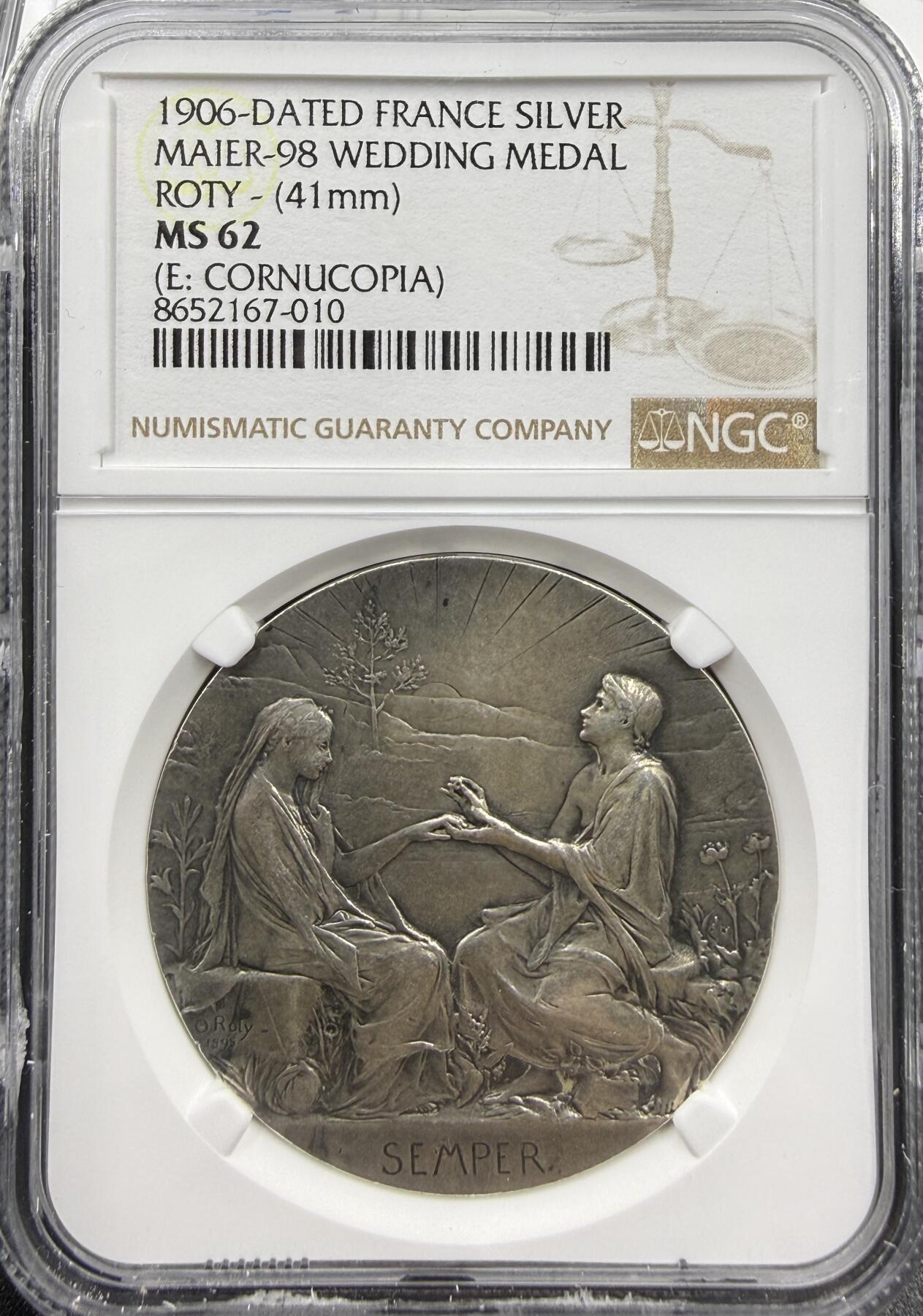 「木头集藏」章牌精品专场！ O.Roty～1906年法国“SEMPER”永恒的爱 婚礼纪念银章，MS 62，直径：41 mm，名家经典。