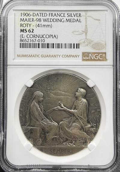 「木头集藏」章牌精品专场！ - O.Roty～1906年法国“SEMPER”永恒的爱 婚礼纪念银章，MS 62，直径：41 mm，名家经典。